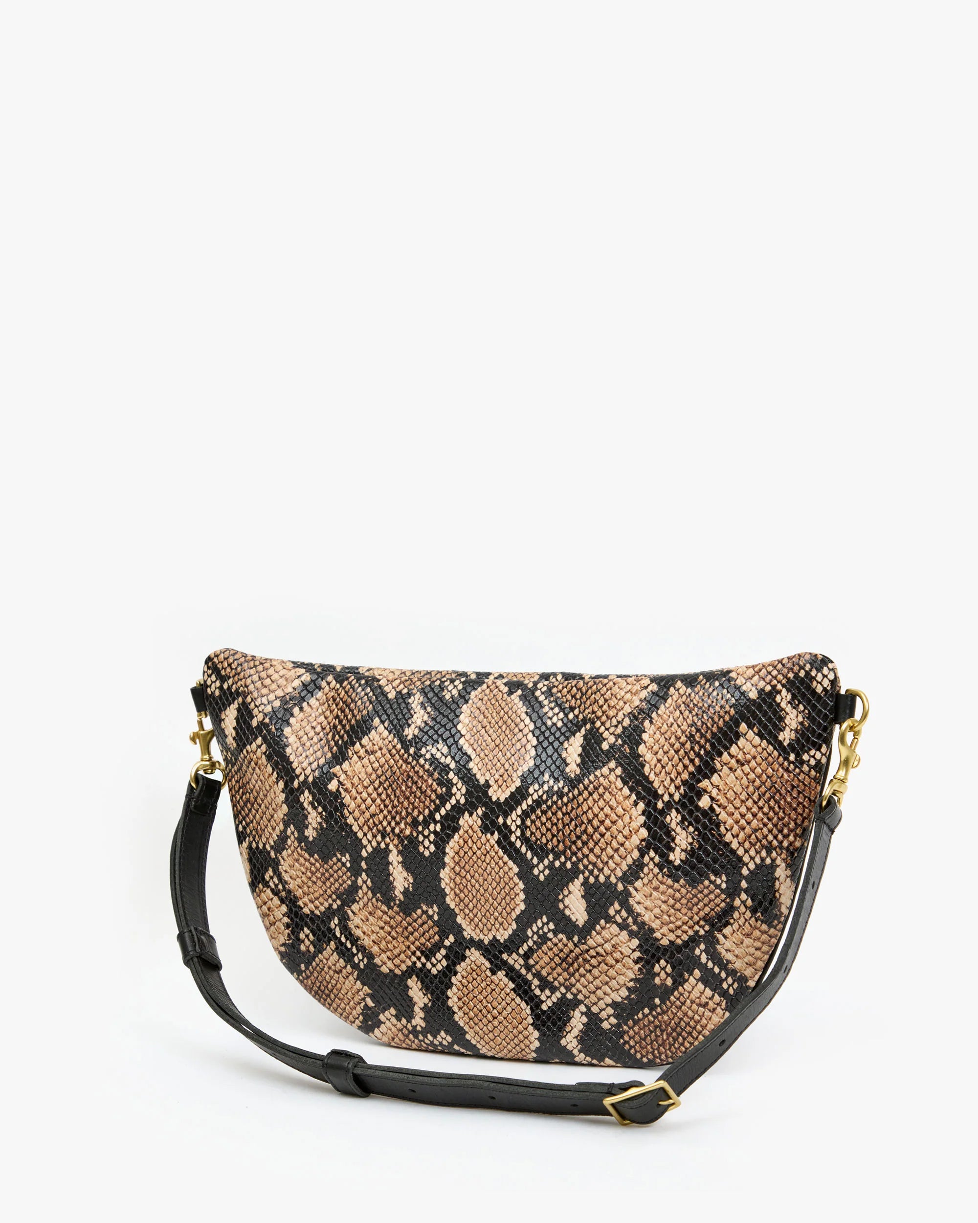 Snake print handbag with a black strap on a white background