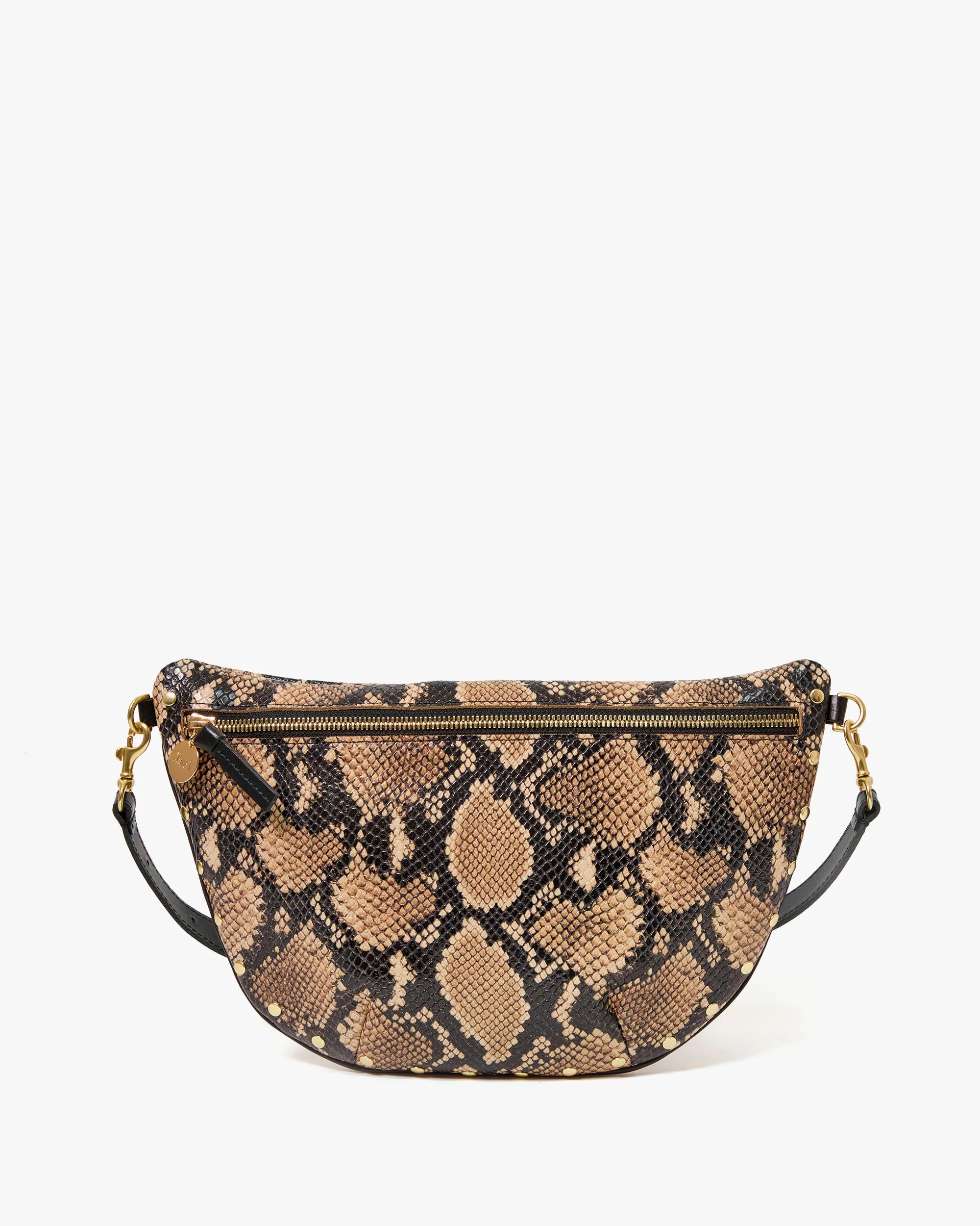 Snake print handbag with black accents on a white background