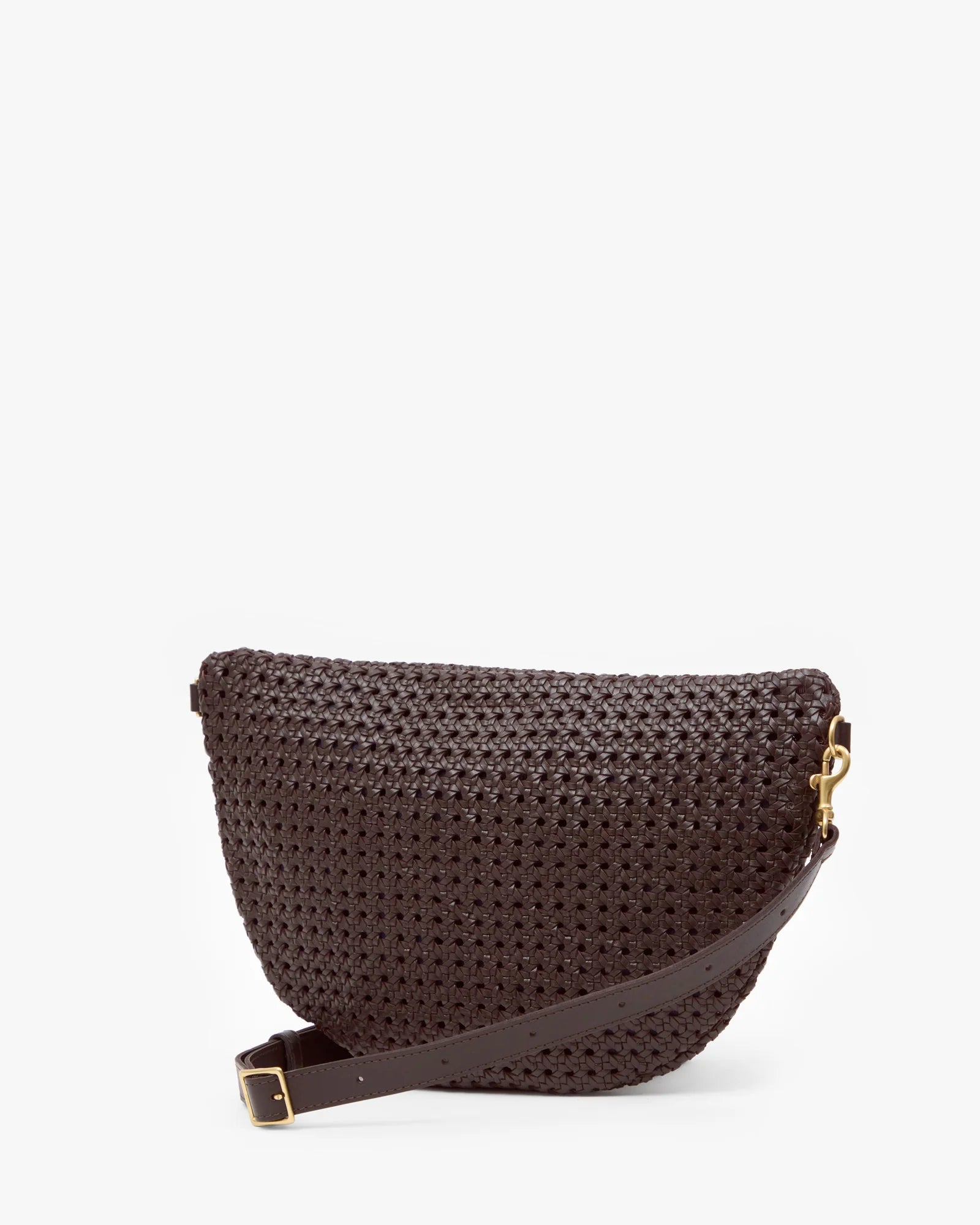 Brown woven handbag with a strap on a white background