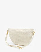 White woven handbag with a strap on a white background