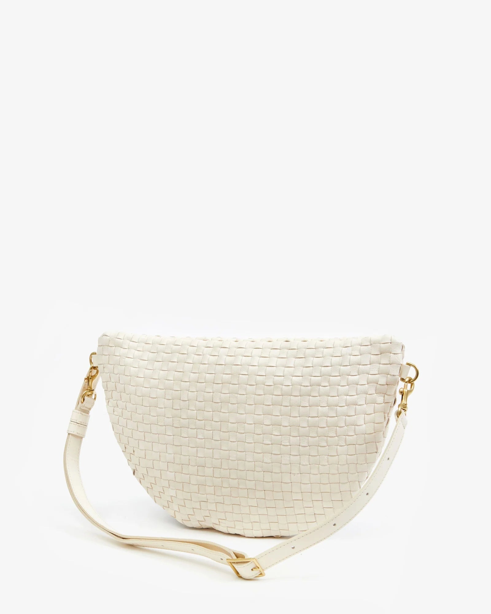 White woven handbag with a strap on a white background