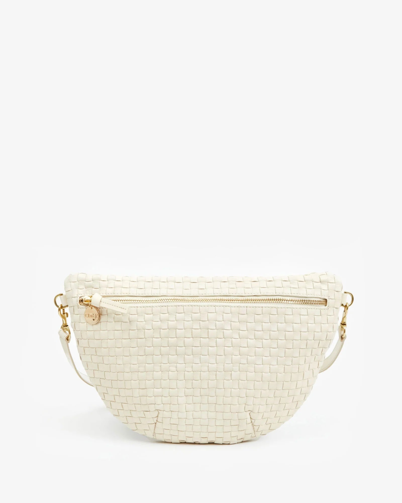 Woven beige belt bag on a white background