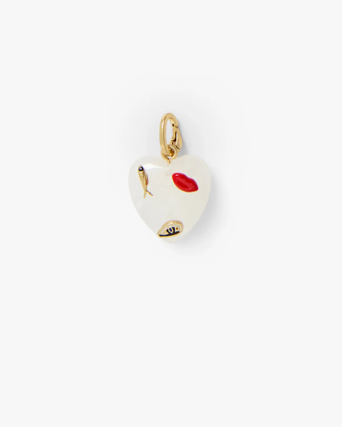 A small heart-shaped charm with a gold-tone loop at the top, featuring a glossy white enamel body decorated with a red lips motif, a small gold fish, and a small black-and-white pattern near the bottom, shown on a plain white background.