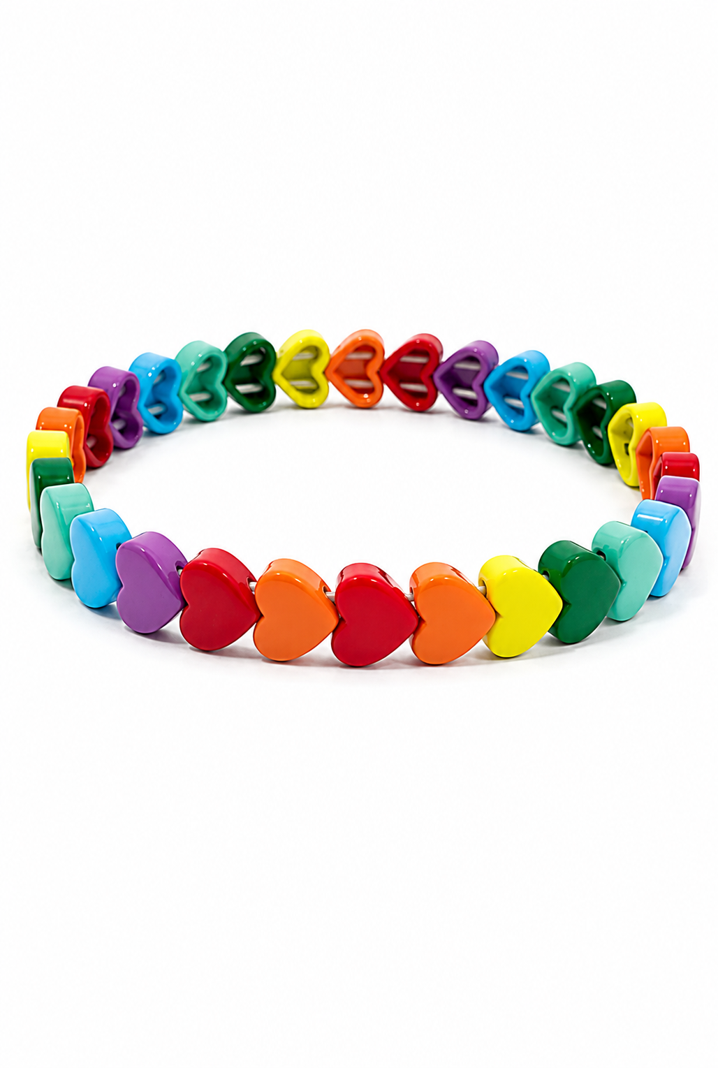 A heart-link stretch bracelet made of small, colorful heart-shaped beads arranged in a rainbow sequence on a plain white background.