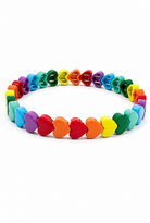A heart-link stretch bracelet made of small, colorful heart-shaped beads arranged in a rainbow sequence on a plain white background.
