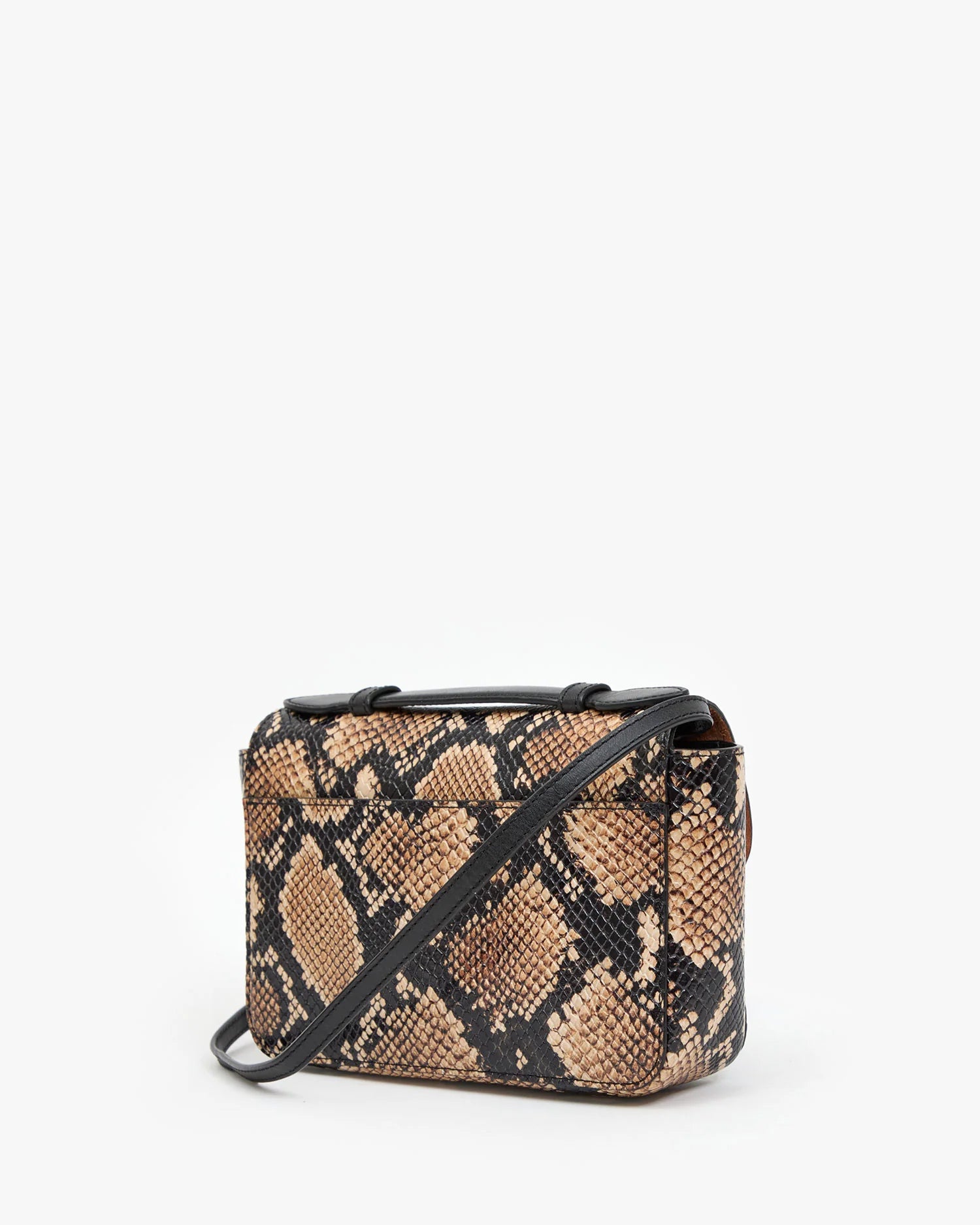 Snake print handbag on a white background
