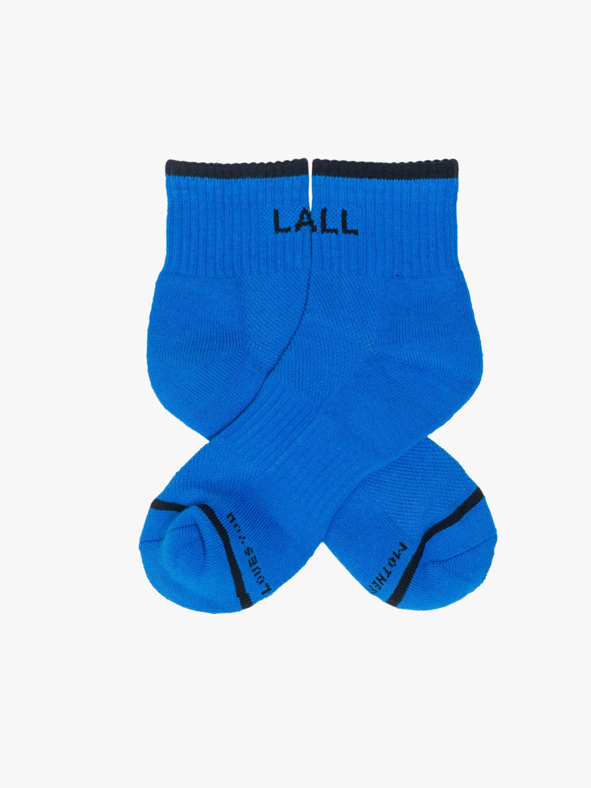 Pair of blue socks with black accents on a white background