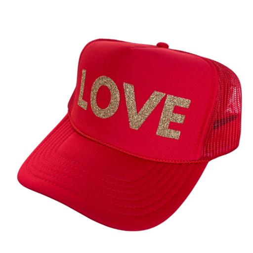 Love Trucker Hat Red/Gold Glitter