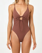 Brown one-piece swimsuit with a deep neckline on a white background
