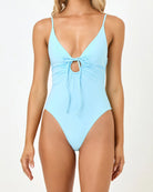 Light blue one-piece swimsuit with a deep neckline on a white background