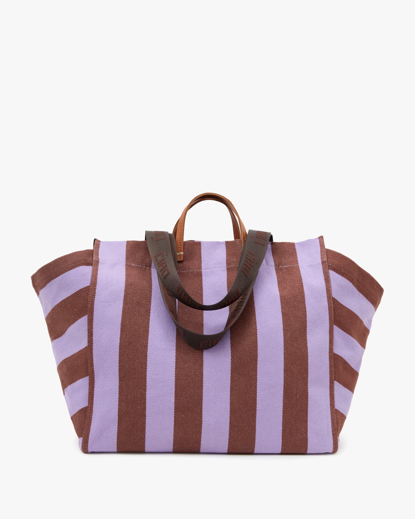 Striped tote bag with brown and purple stripes on a white background