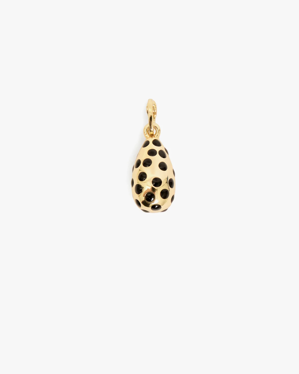 A gold teardrop-shaped pendant with a black dalmatian spot pattern, shown against a plain white background.