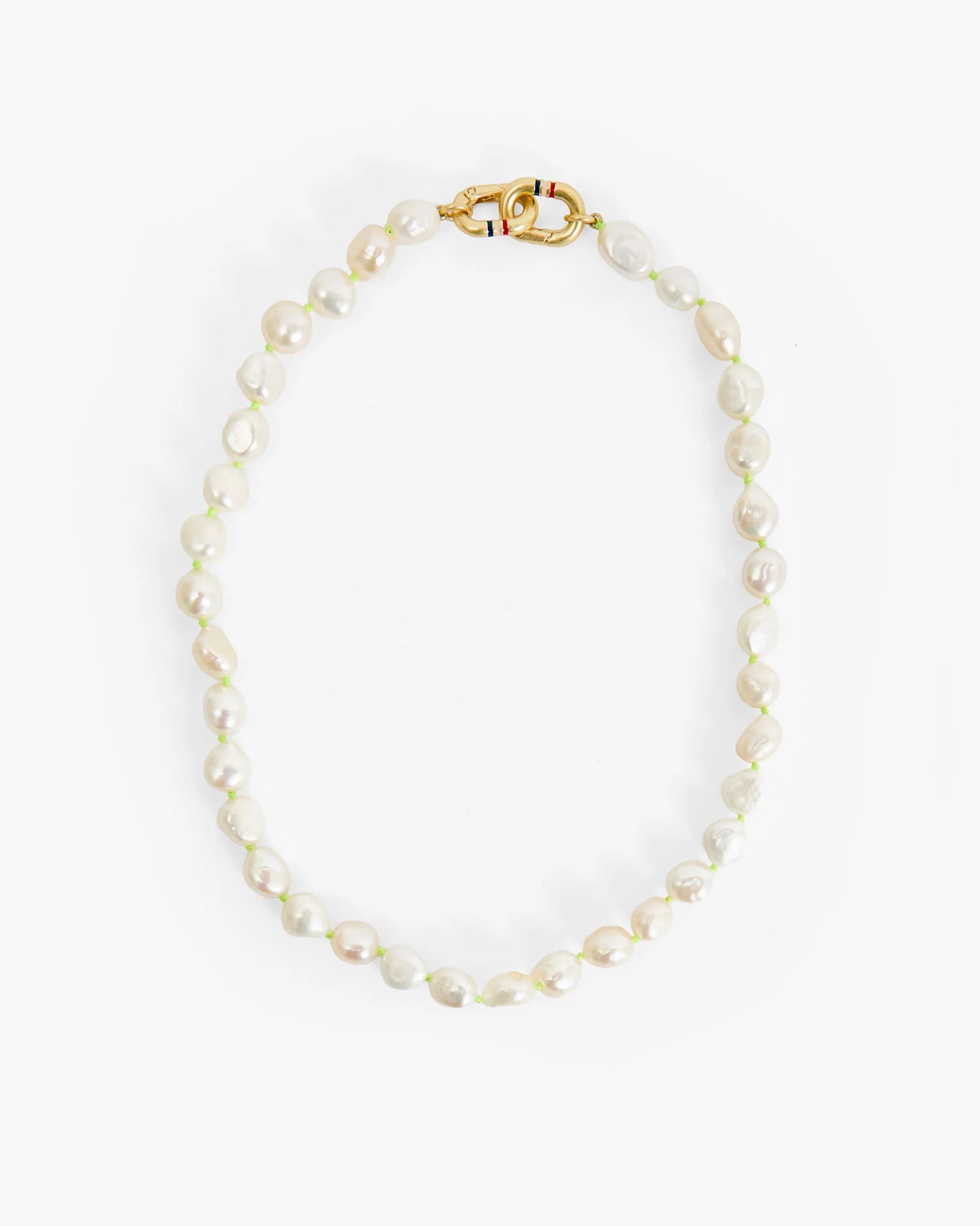 Pearl necklace with a gold clasp on a white background