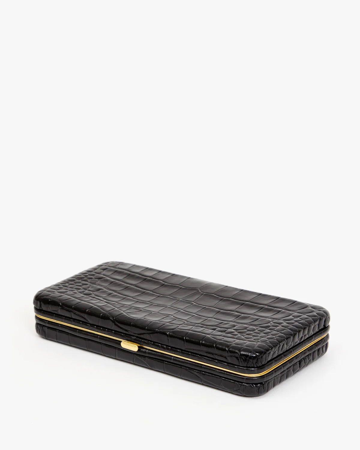 A black crocodile-embossed leather clutch case with gold-tone metal trim and clasp, photographed on a clean white background.
