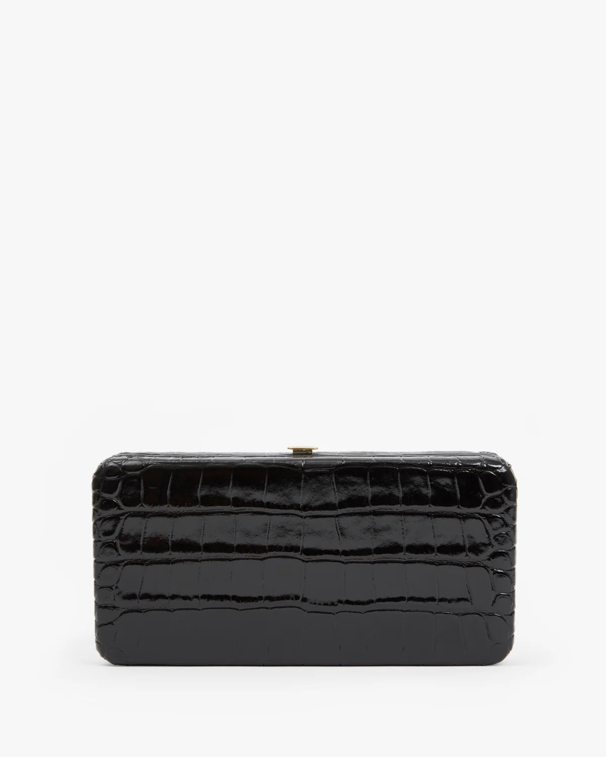 A black crocodile-embossed clutch bag with a small gold clasp, photographed against a solid white background.