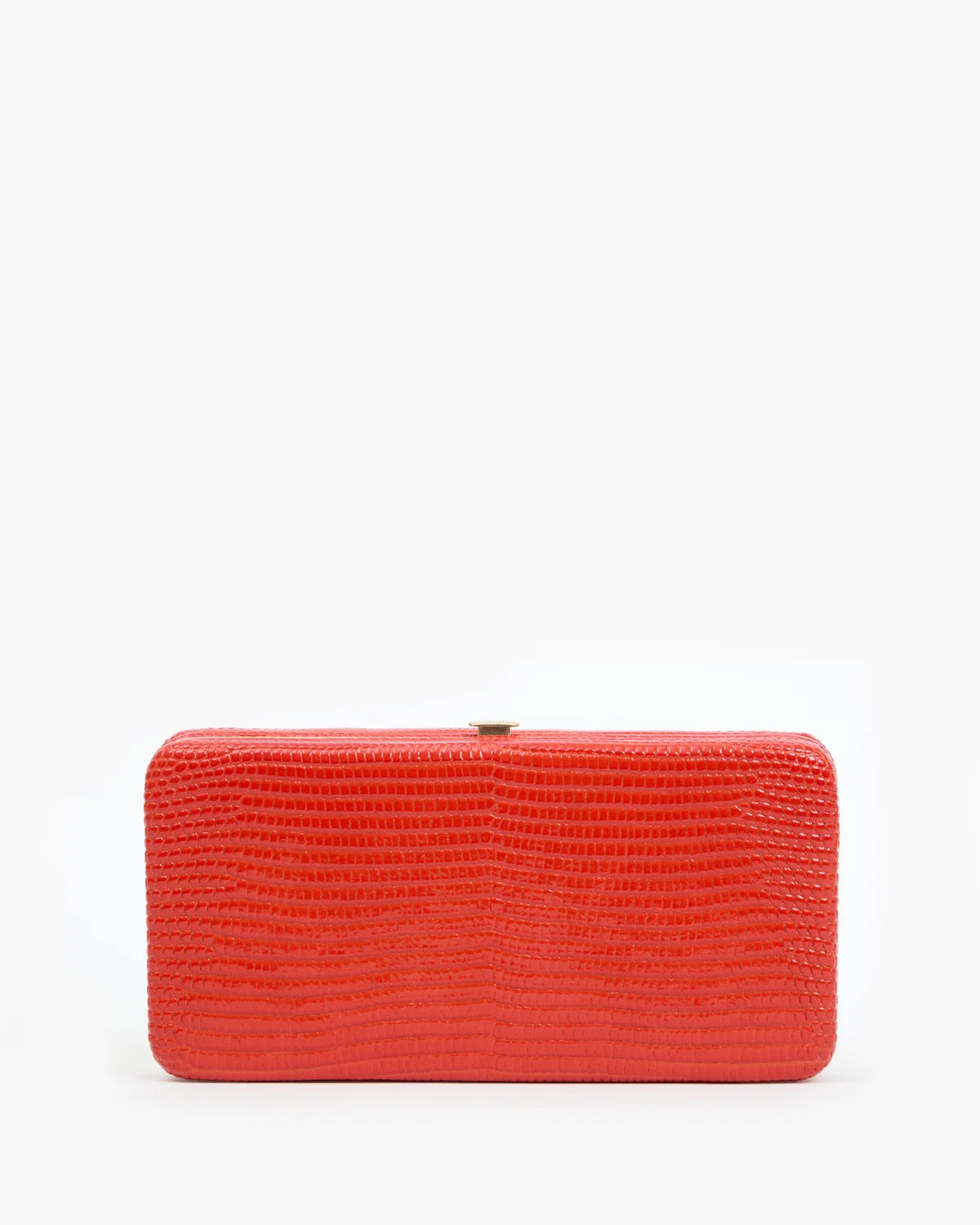 A bright red textured clutch bag with a small gold clasp, photographed against a clean white background.