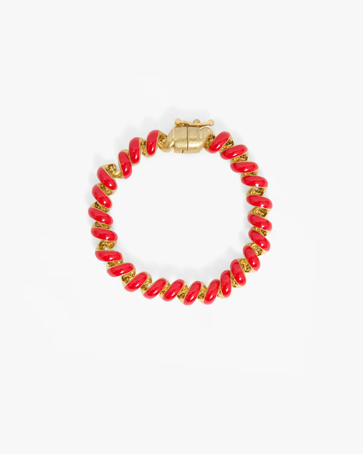 A gold-plated beaded bracelet with glossy red oval beads, displayed on a clean white background.