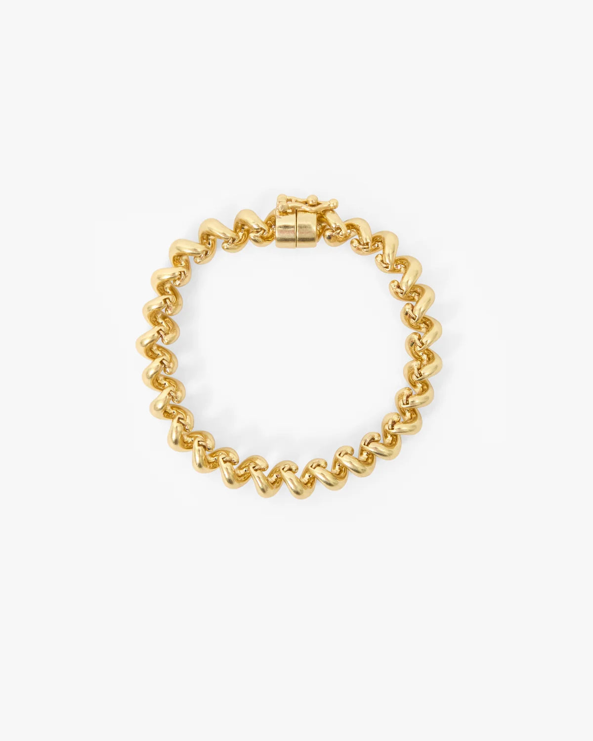 A gold chain bracelet with a distinctive wavy, zigzag link pattern and a matching clasp, displayed on a clean white background.