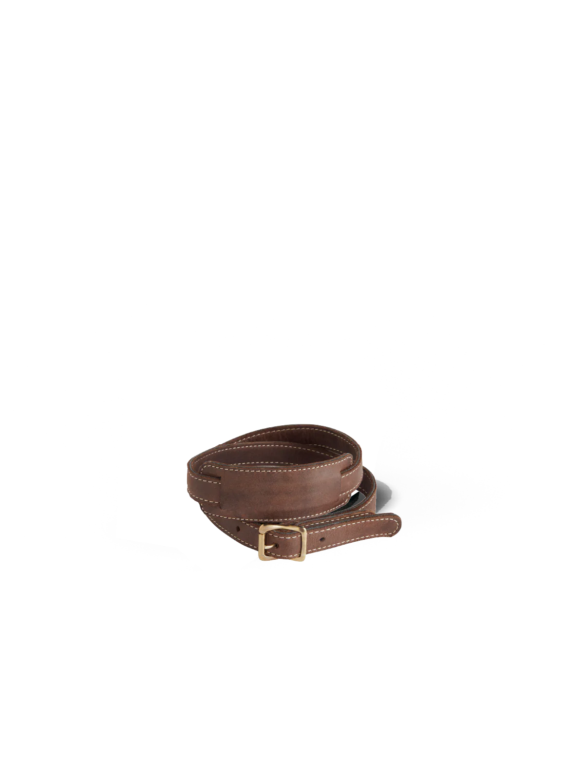 Brown leather belt with a gold buckle on a white background