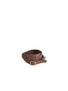 Brown leather belt with a gold buckle on a white background