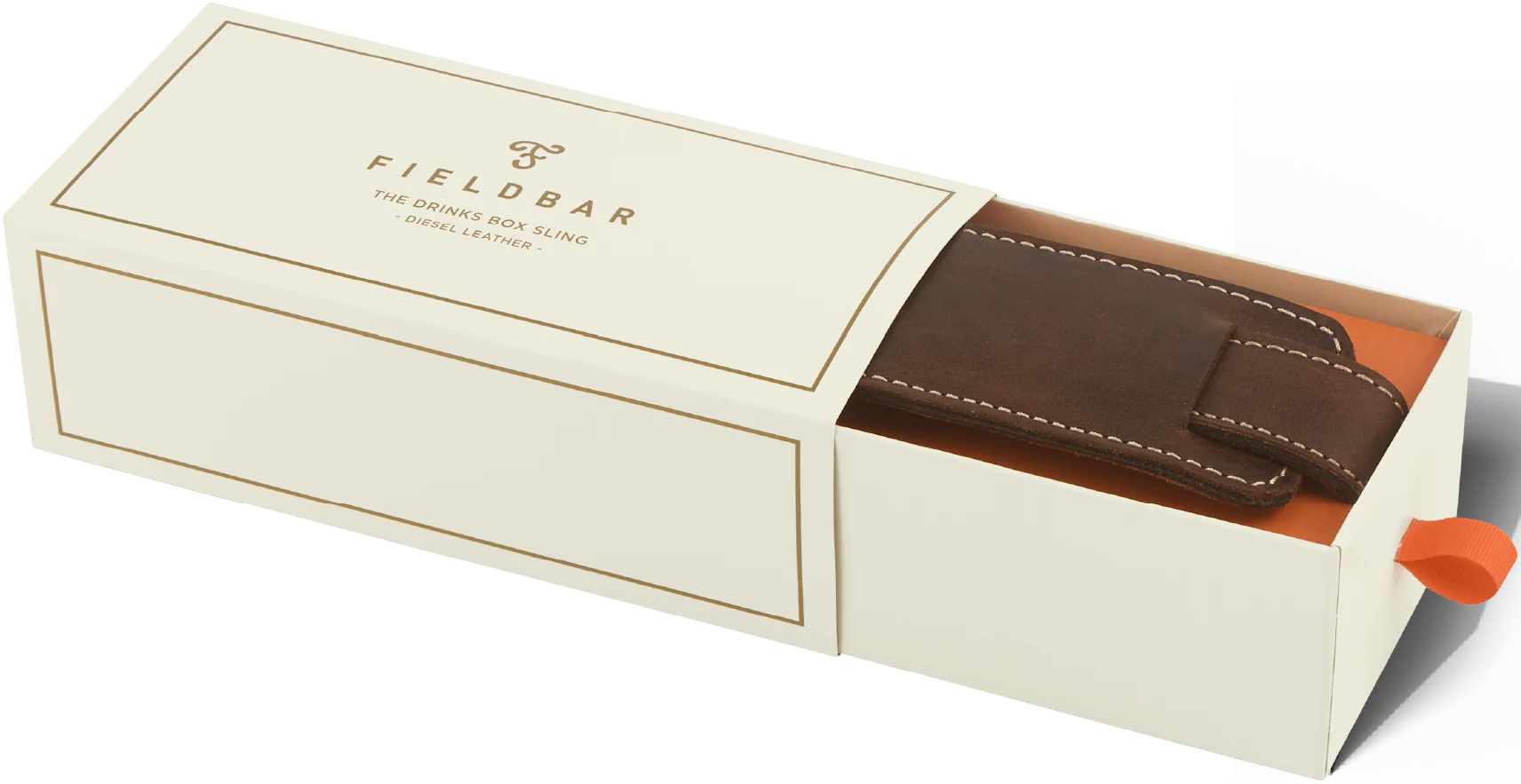 Brown leather strap in a Fieldbar packaging box on a white background