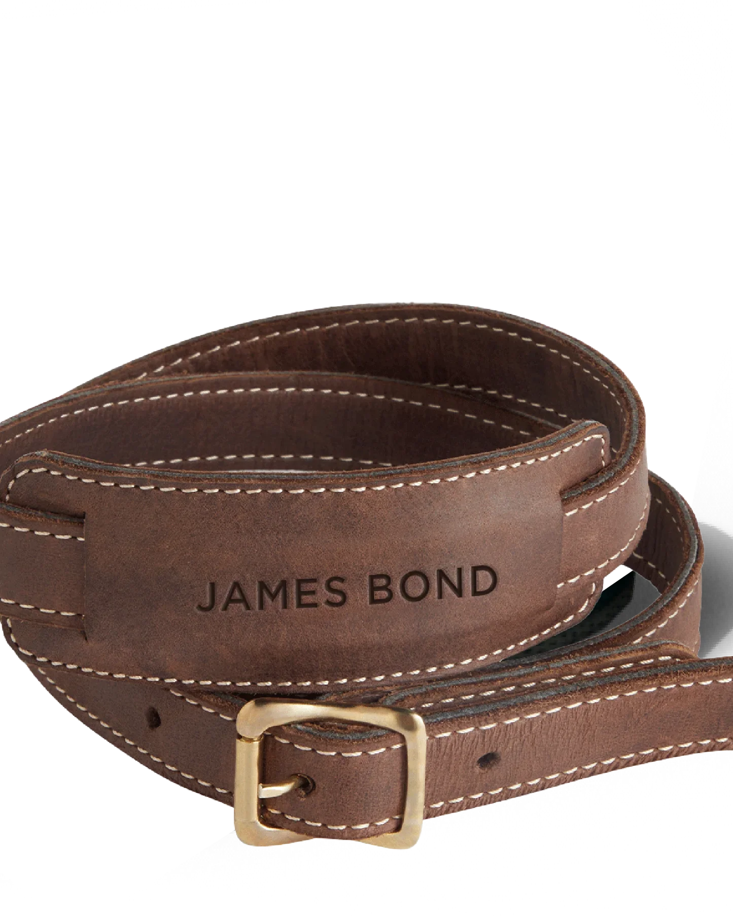 Brown leather belt with 'James Bond' engraving on a white background