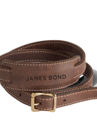 Brown leather belt with 'James Bond' engraving on a white background