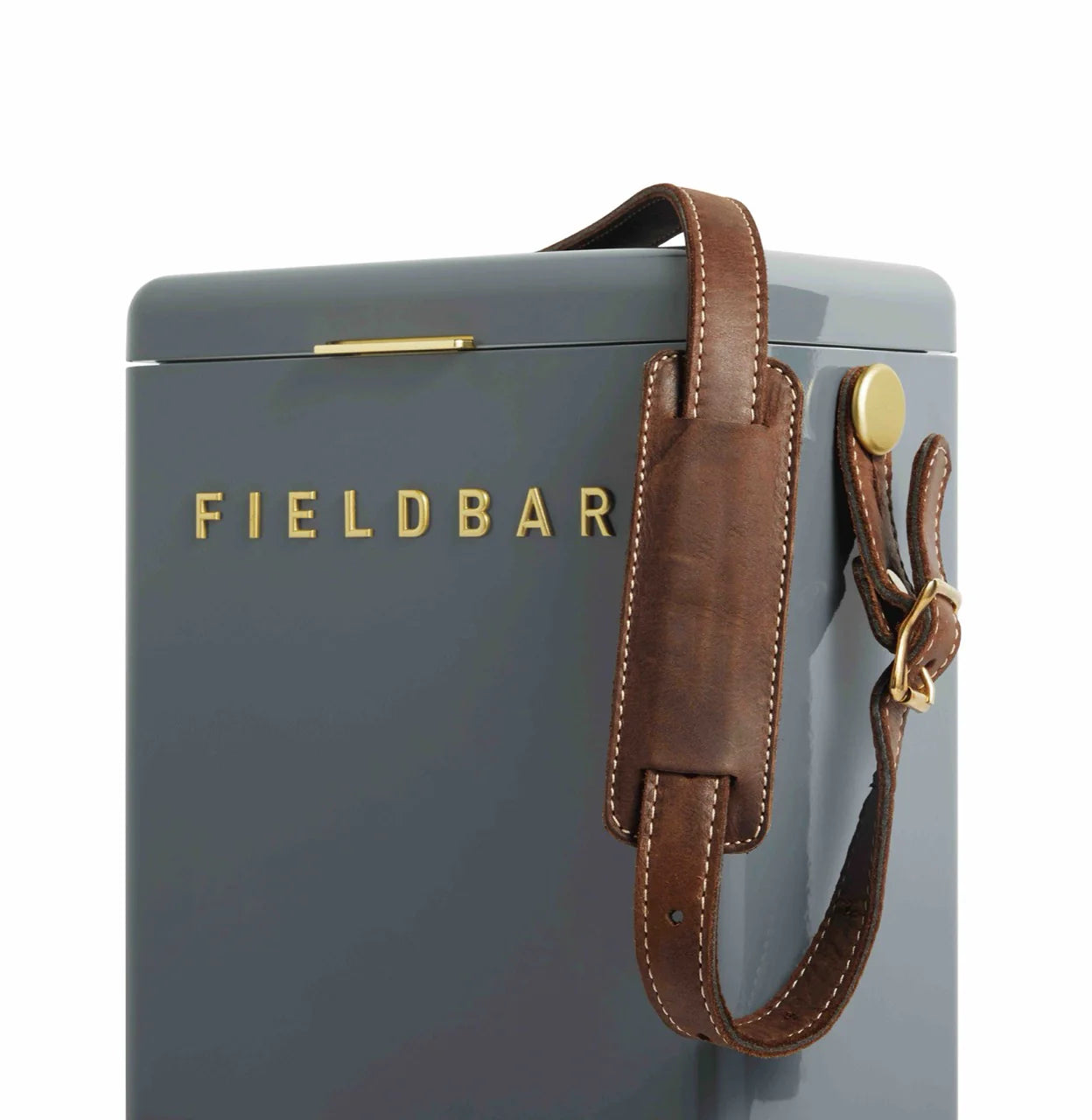 Gray box with 'FIELDBAR' branding and a brown leather strap on a white background