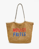 Woven bag with 'MOULES FRITES' text on a white background