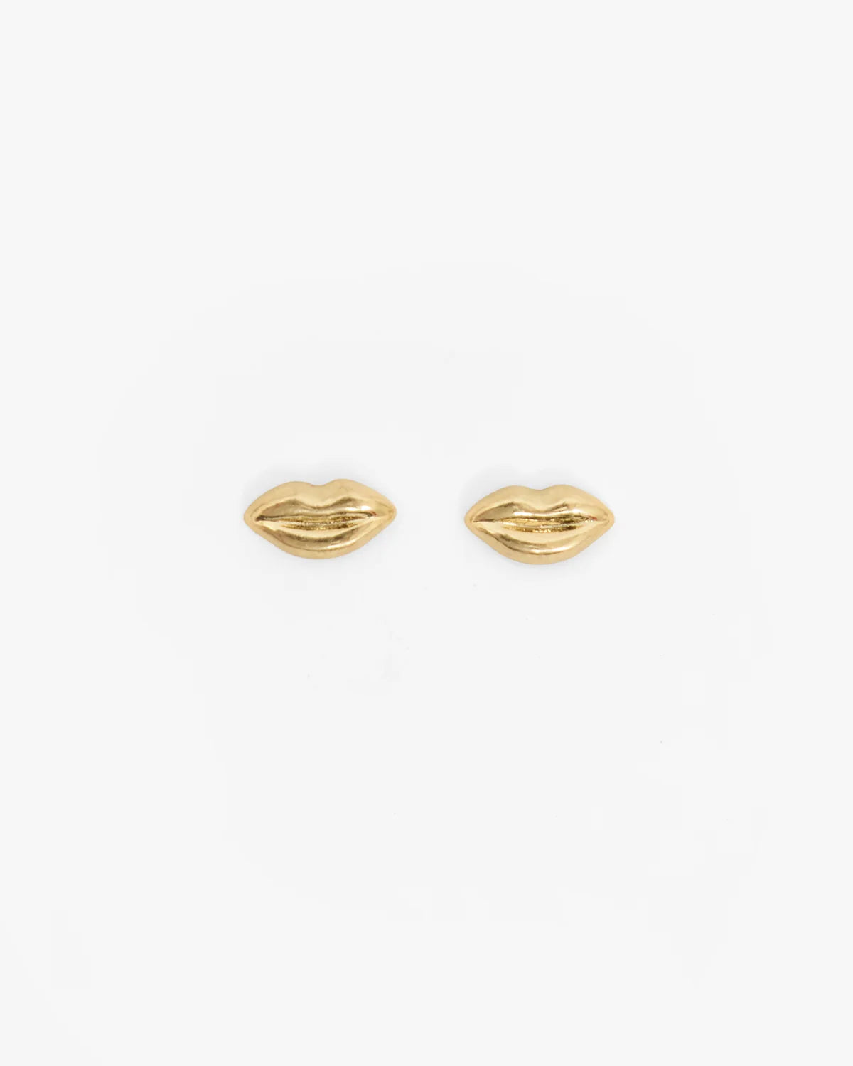 A pair of gold stud earrings shaped like lips, displayed on a clean white background.