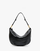 A black pebbled leather crescent-shaped shoulder bag with gold-tone hardware and a thin black strap, shown against a plain white background.
