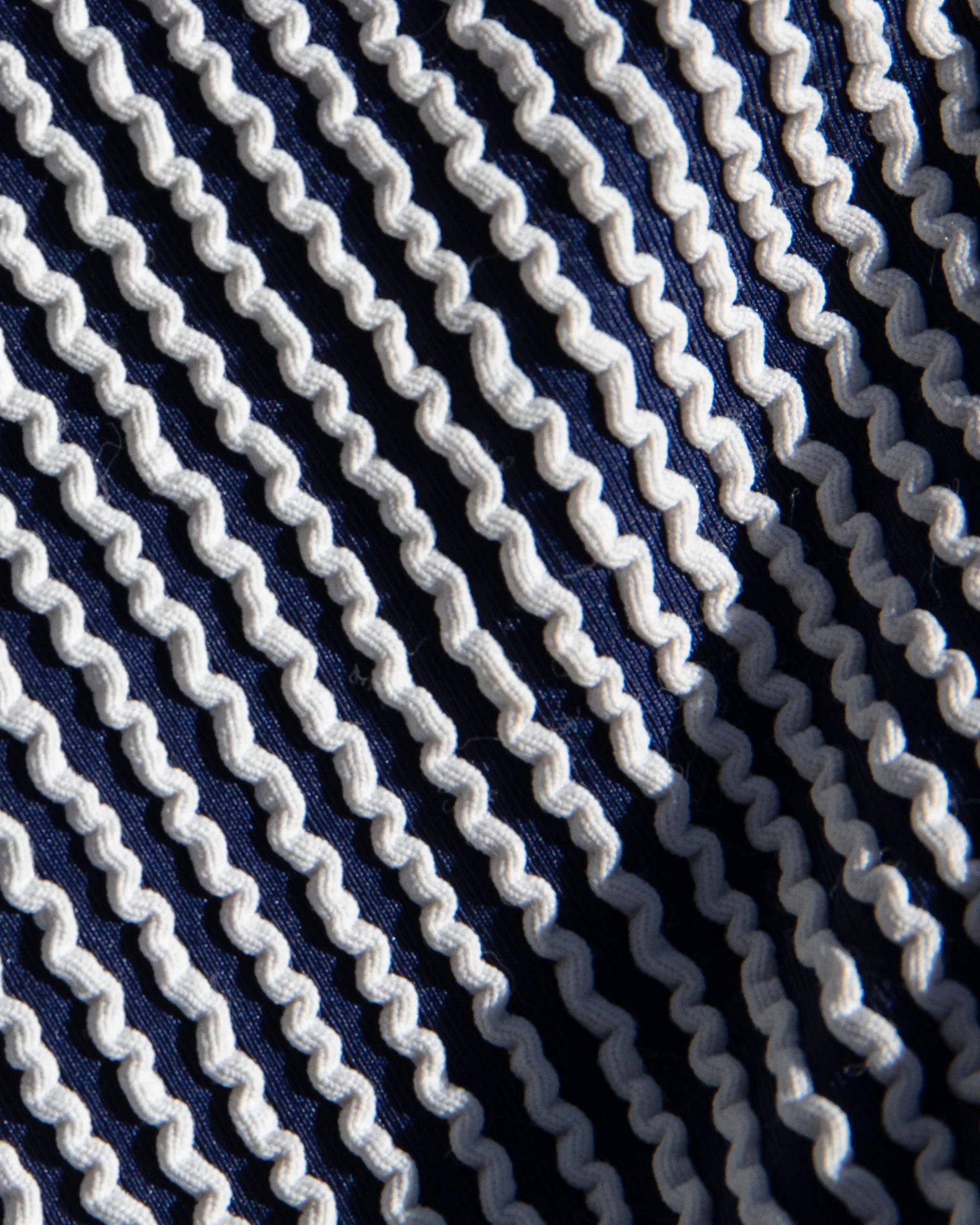 Close-up of navy blue fabric with white wavy pattern