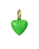 Green heart-shaped pendant with gold chain on a white background

