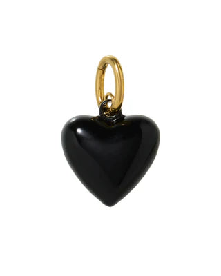 Black heart-shaped pendant with gold chain on a white background