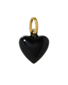 Black heart-shaped pendant with gold chain on a white background