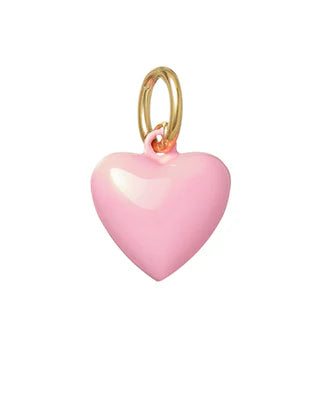 Pink heart-shaped pendant with gold chain on a white background