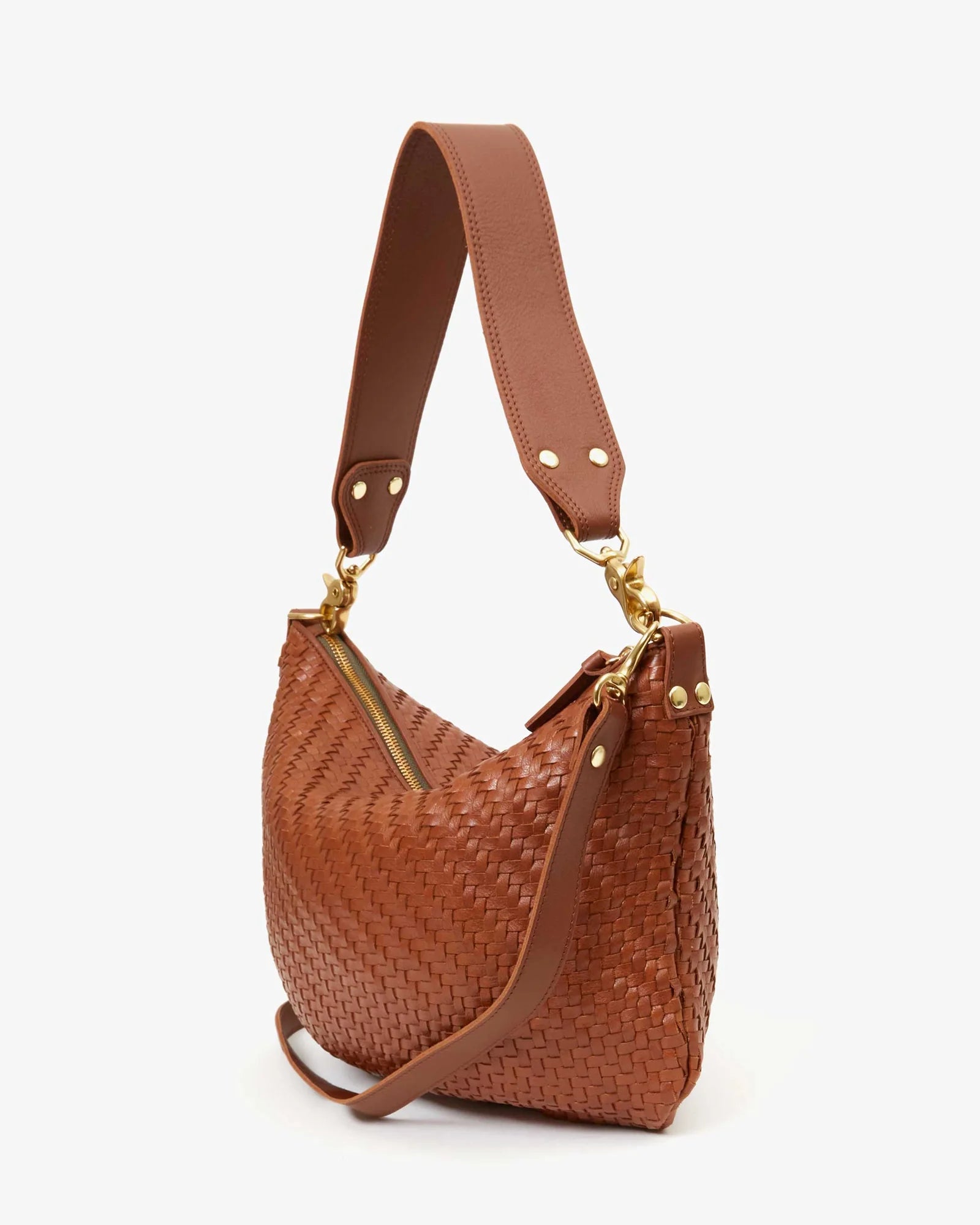 Brown woven handbag with gold accents on a white background
