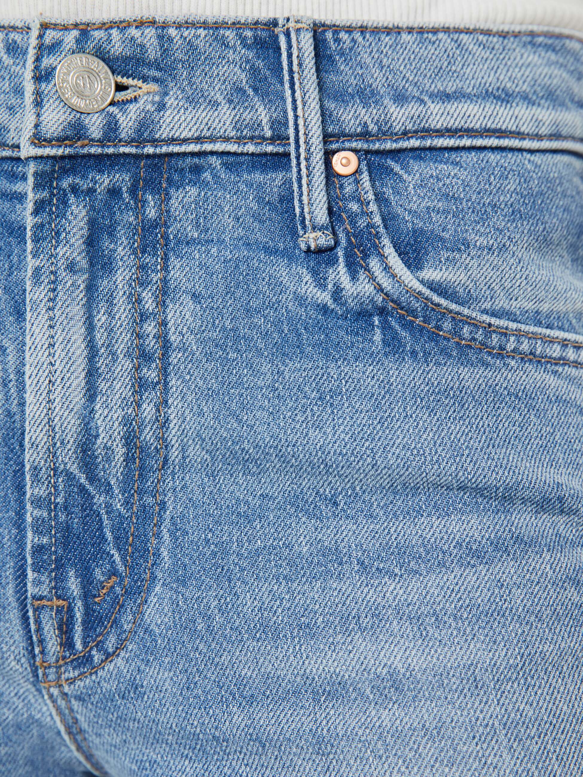 Close-up of blue denim jeans with a button and zipper detail.
