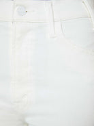 Close-up of a white denim fabric with a button and stitching detail.