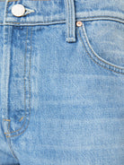 Close-up of blue denim jeans with stitching details