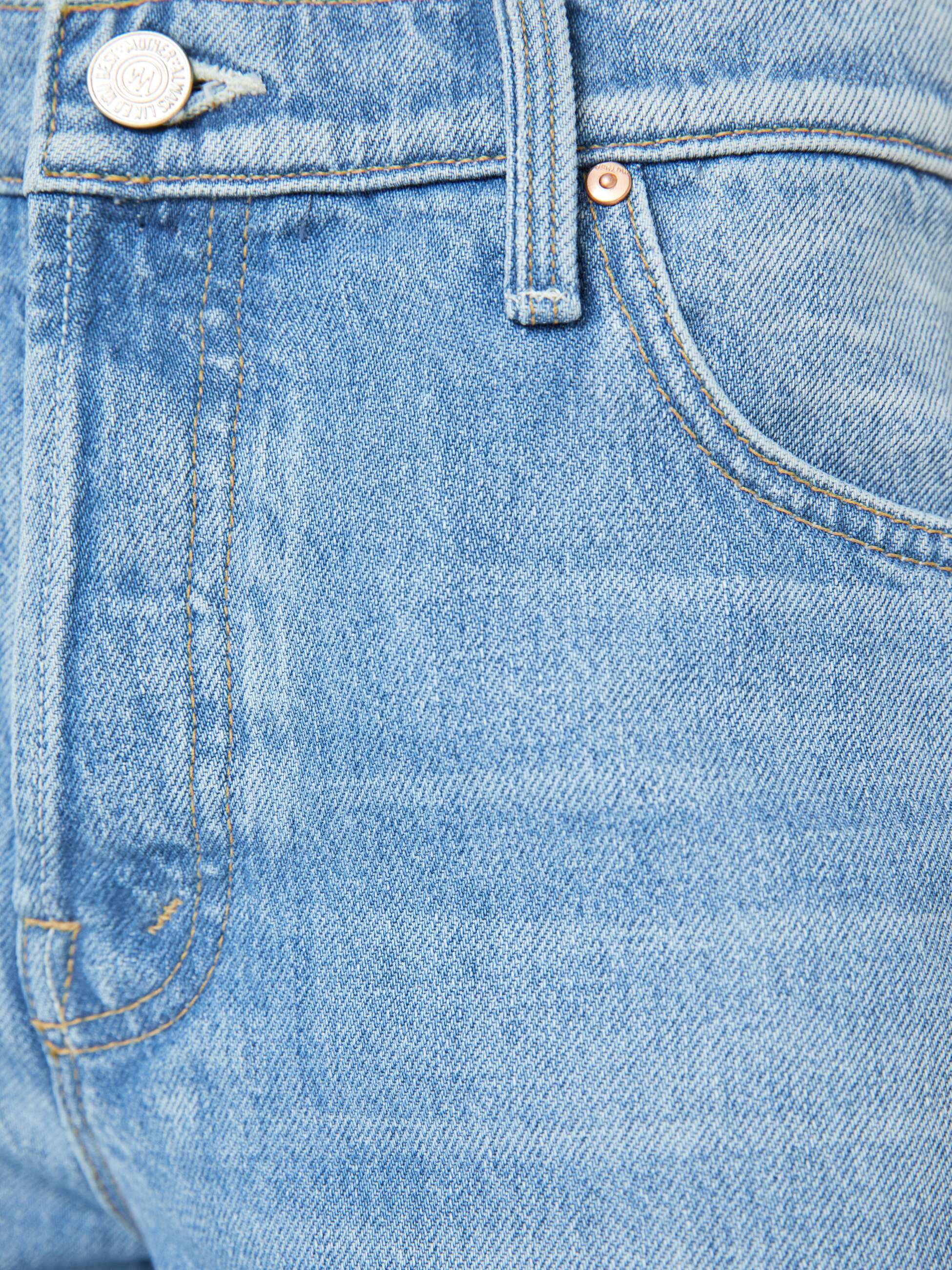 Close-up of blue denim jeans with stitching details