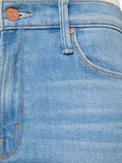 Close-up of blue denim jeans with stitching details