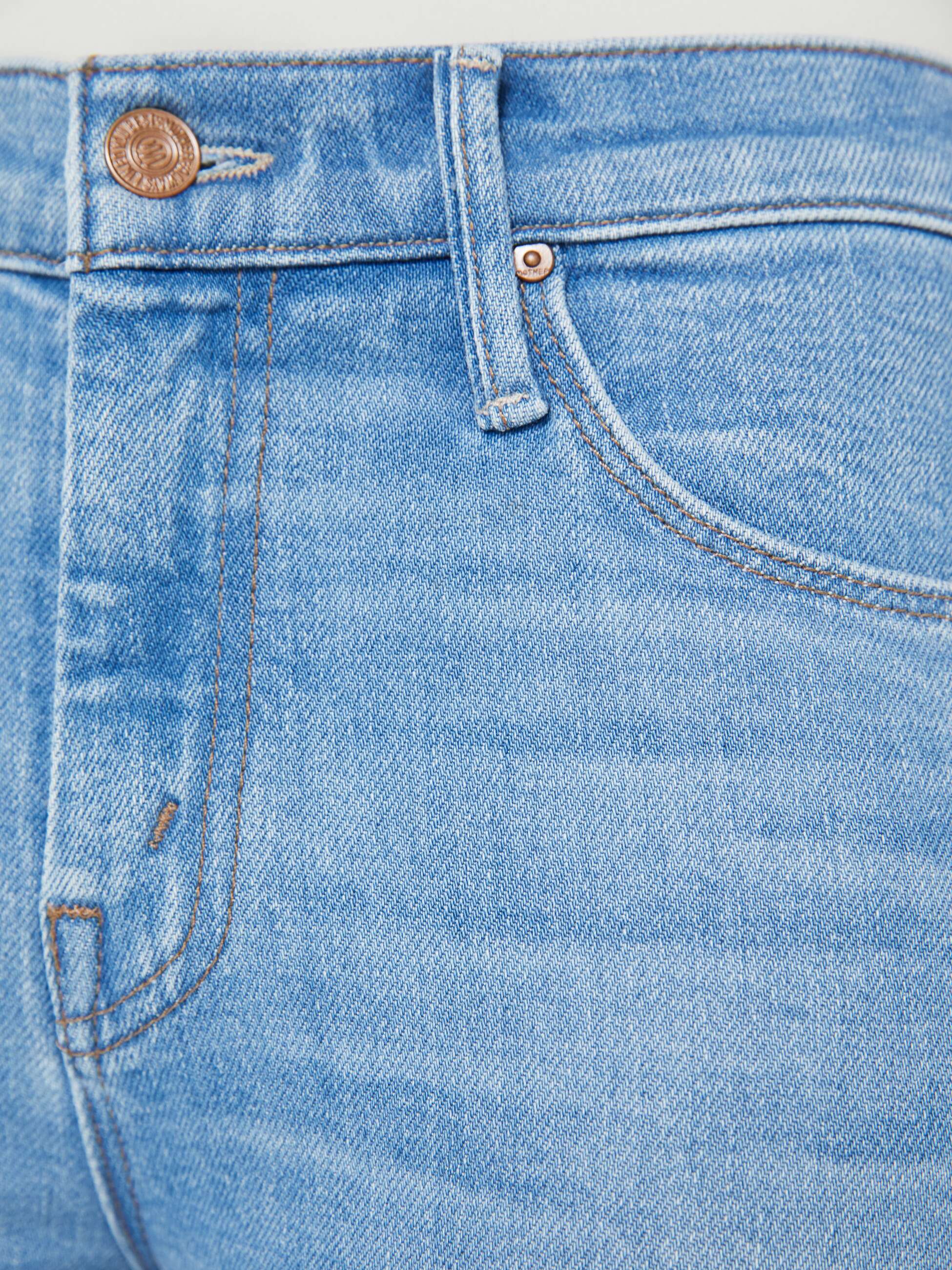 Close-up of blue denim jeans with stitching details
