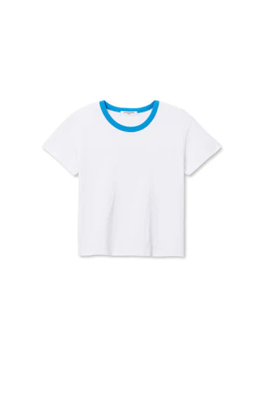 White t-shirt with blue neckline on a white background