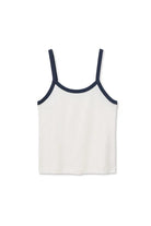 White tank top with navy blue trim on a white background