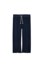 Navy blue sweatpants with a drawstring on a white background