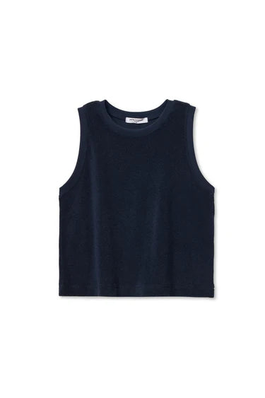 Navy blue sleeveless shirt on a white background
