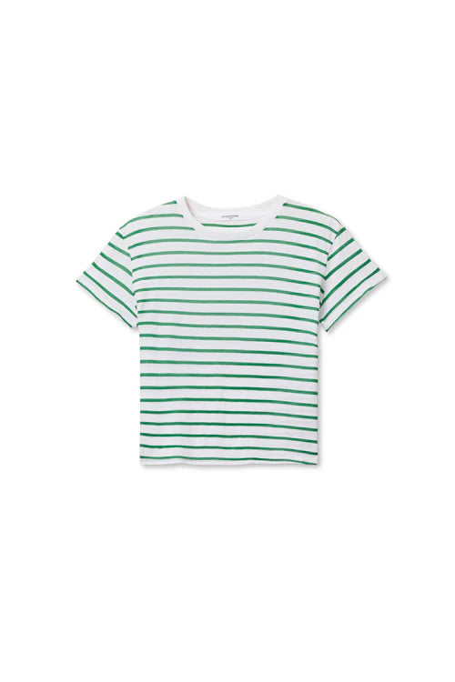 Green and white striped t-shirt on a white background