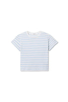 Striped t-shirt with blue and white horizontal stripes on a white background