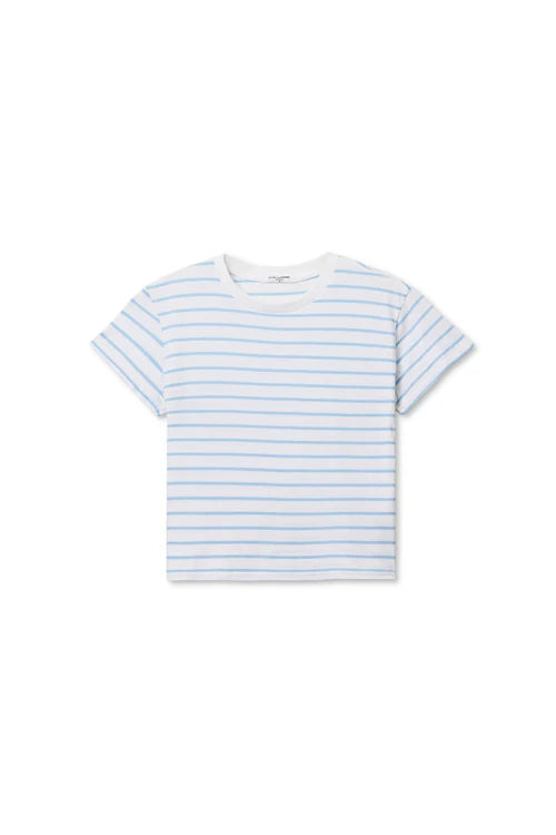 Striped t-shirt with blue and white horizontal stripes on a white background